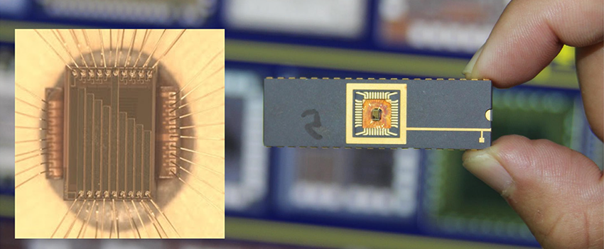 三维集成电路(3D IC)芯片. 高速数字功能位于每一层，层间通信采用键合线实现，由计算机工程学院和研究生设计.